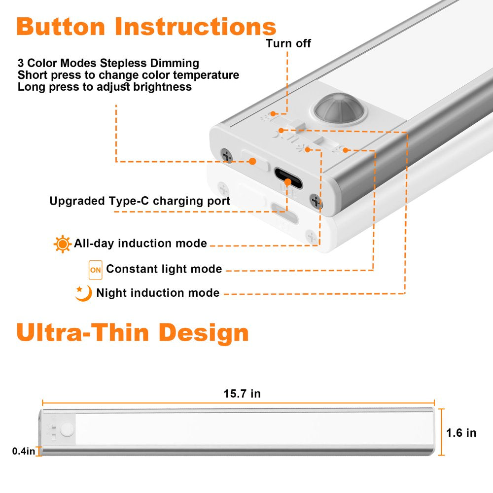 9.4in Rechargeable Closet/Under Cabinet Lights with Motion Sensor (Set of 2)