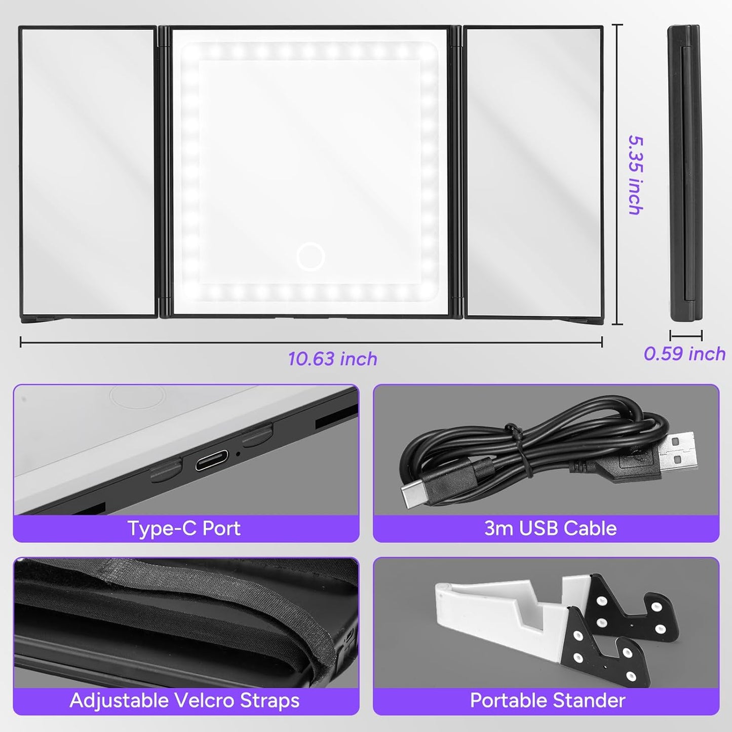 60 LED Car Vanity Mirror: Dimmable, Foldable and Rechargeable with 3 Light Modes for all Vehicles